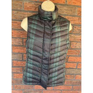 Talbots Petite Puffer Vest 80% Down Snap Over Zipper Green Black Pockets Lined